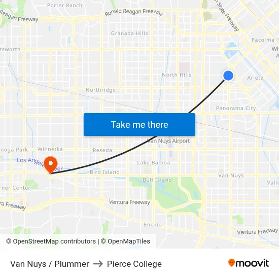 Van Nuys / Plummer to Pierce College map