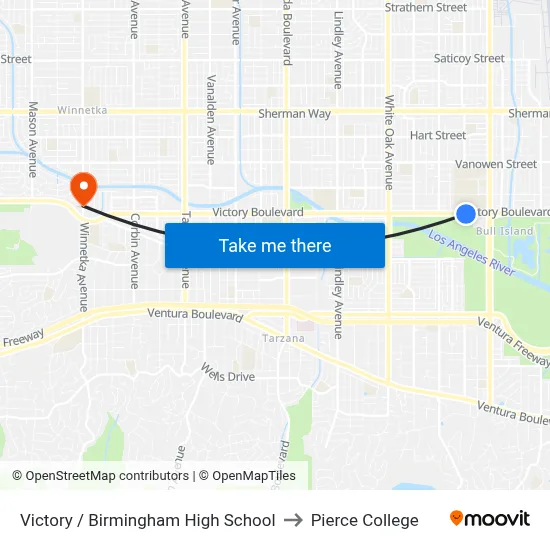 Victory / Birmingham High School to Pierce College map
