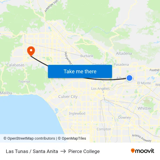 Las Tunas / Santa Anita to Pierce College map