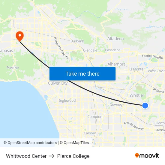 Whittwood Center to Pierce College map