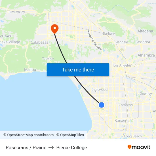 Rosecrans / Prairie to Pierce College map