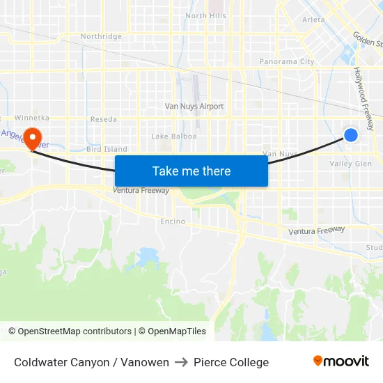 Coldwater Canyon / Vanowen to Pierce College map