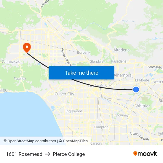 1601 Rosemead to Pierce College map