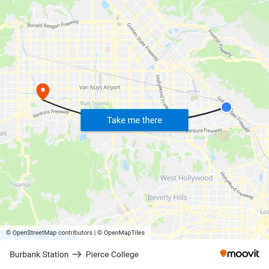 Burbank Station to Pierce College map