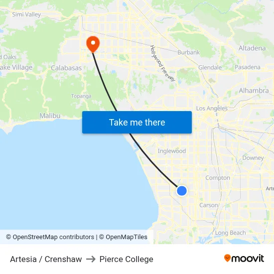 Artesia / Crenshaw to Pierce College map