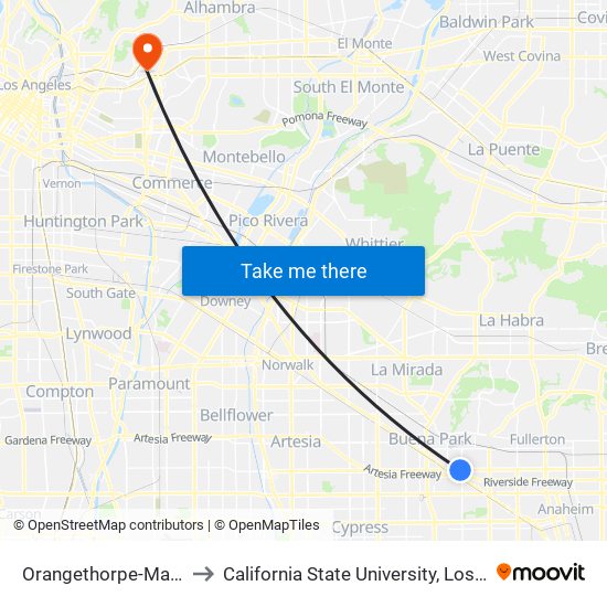 Orangethorpe-Magnolia to California State University, Los Angeles map