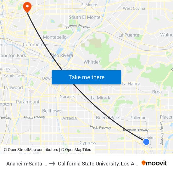 Anaheim-Santa Ana to California State University, Los Angeles map