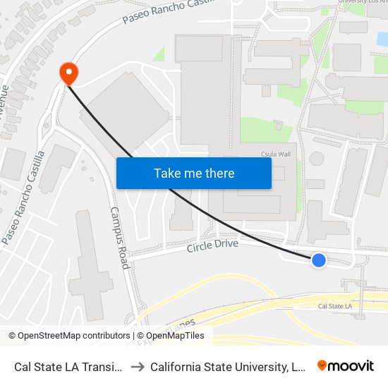 Cal State LA Transit Center to California State University, Los Angeles map