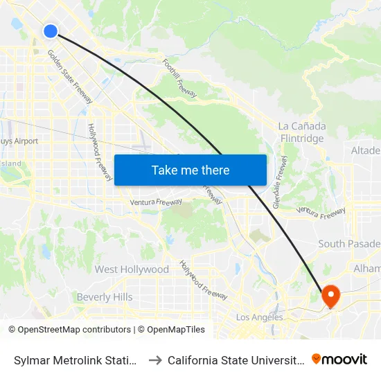 Sylmar Metrolink Station (Departing) to California State University, Los Angeles map