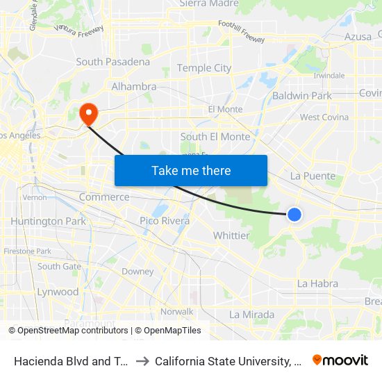 Hacienda Blvd and Tetley St N to California State University, Los Angeles map