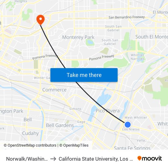 Norwalk/Washington to California State University, Los Angeles map