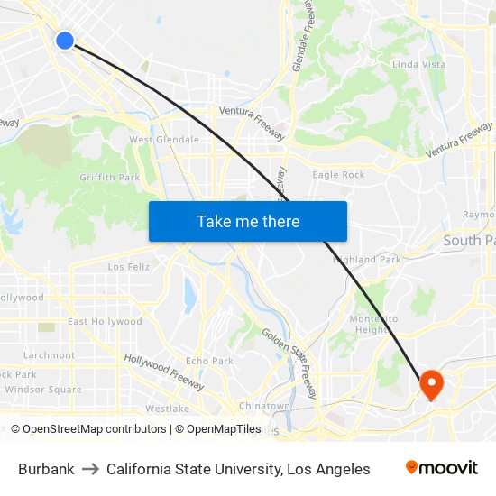 Burbank to California State University, Los Angeles map