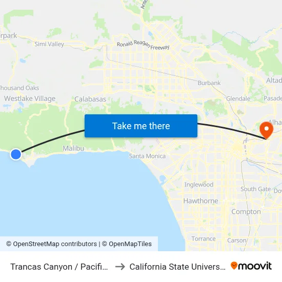 Trancas Canyon / Pacific Coast Highway to California State University, Los Angeles map