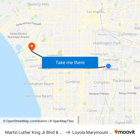 Martin Luther King Jr Blvd & California Ave to Loyola Marymount University map