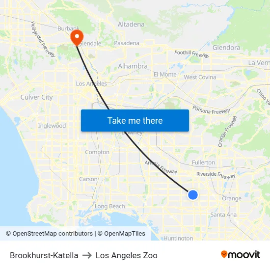Brookhurst-Katella to Los Angeles Zoo map