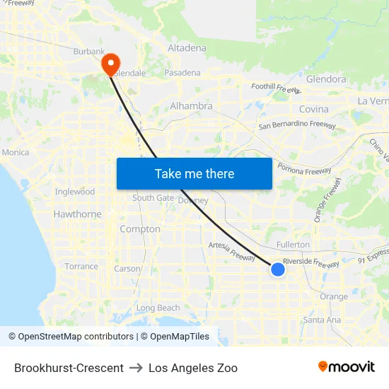 Brookhurst-Crescent to Los Angeles Zoo map