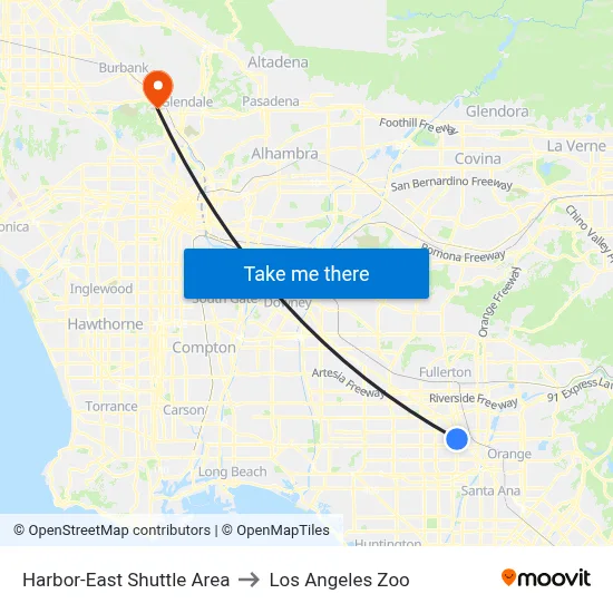 Harbor-East Shuttle Area to Los Angeles Zoo map