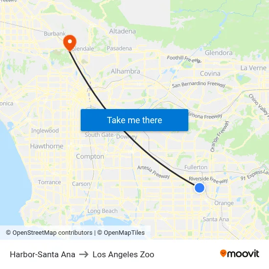 Harbor-Santa Ana to Los Angeles Zoo map