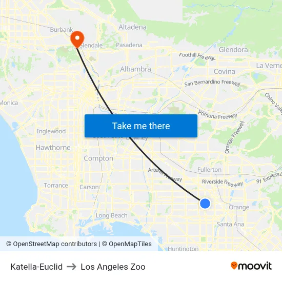 Katella-Euclid to Los Angeles Zoo map