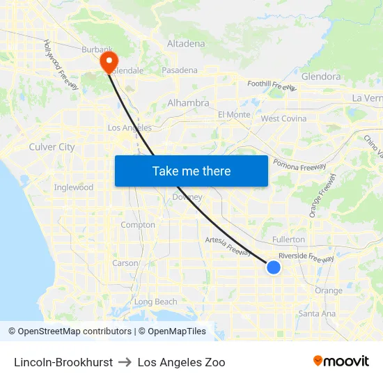 Lincoln-Brookhurst to Los Angeles Zoo map