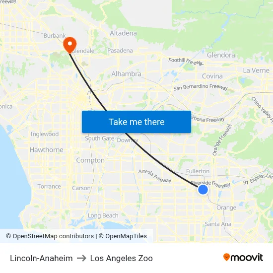 Lincoln-Anaheim to Los Angeles Zoo map