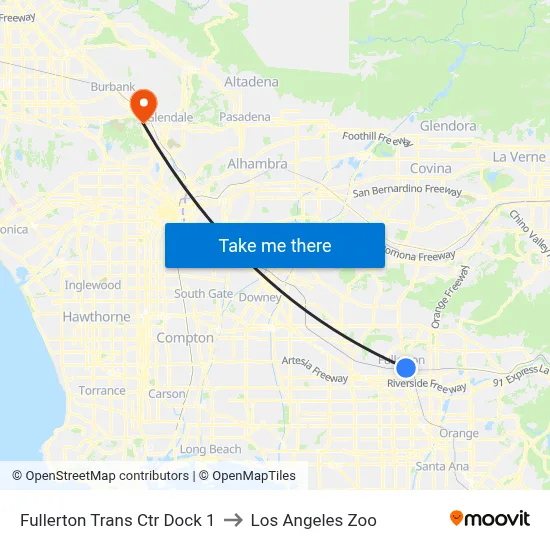 Fullerton Trans Ctr Dock 1 to Los Angeles Zoo map