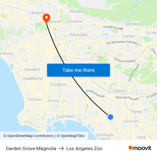 Garden Grove-Magnolia to Los Angeles Zoo map