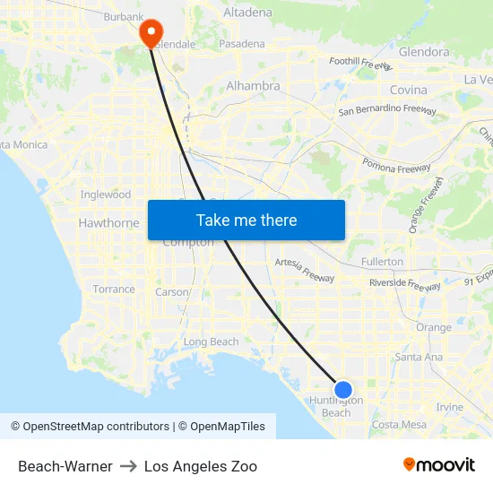 Beach-Warner to Los Angeles Zoo map