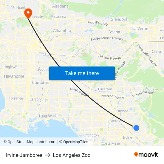 Irvine-Jamboree to Los Angeles Zoo map