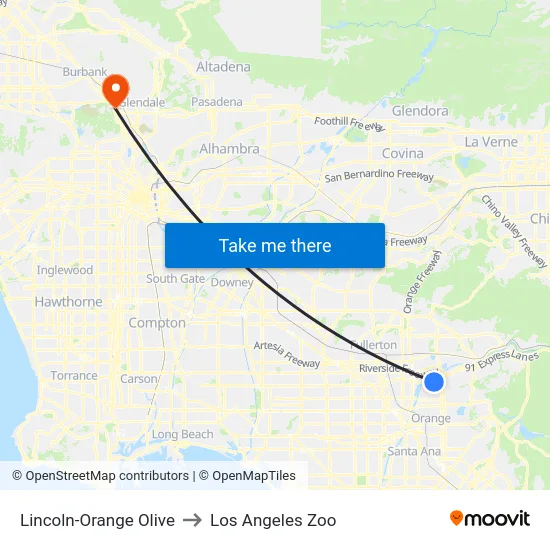 Lincoln-Orange Olive to Los Angeles Zoo map