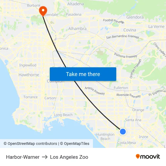 Harbor-Warner to Los Angeles Zoo map