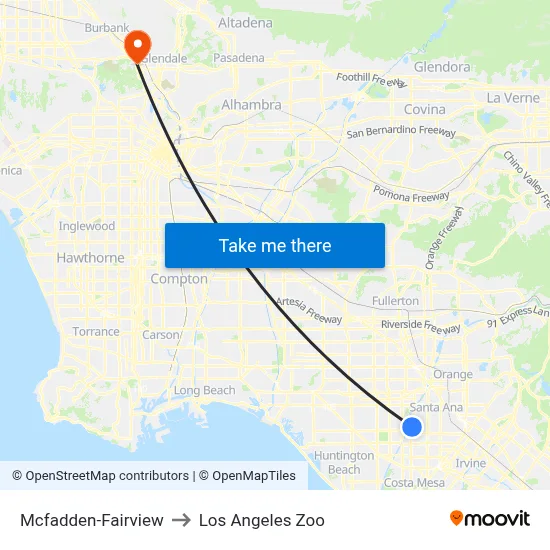 Mcfadden-Fairview to Los Angeles Zoo map