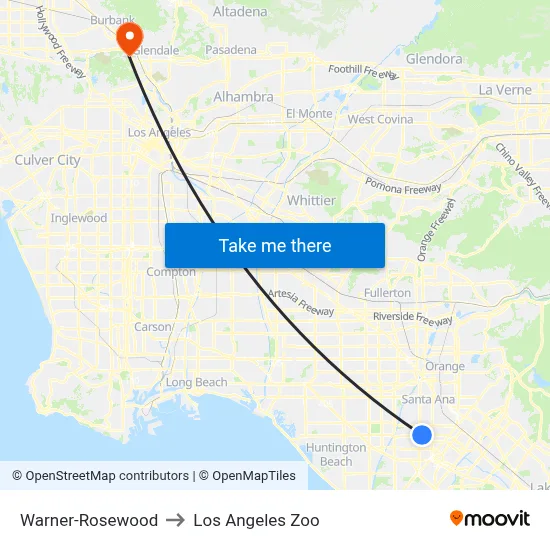 Warner-Rosewood to Los Angeles Zoo map