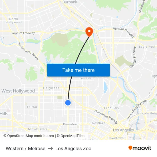 Western / Melrose to Los Angeles Zoo map