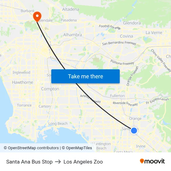 Santa Ana Bus Stop to Los Angeles Zoo map