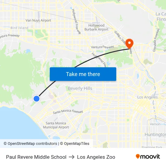 Paul Revere Middle School to Los Angeles Zoo map