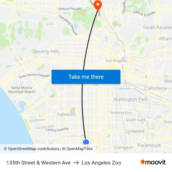 135th Street & Western Ave to Los Angeles Zoo map