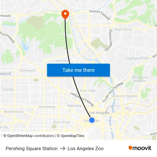 Pershing Square Station to Los Angeles Zoo map