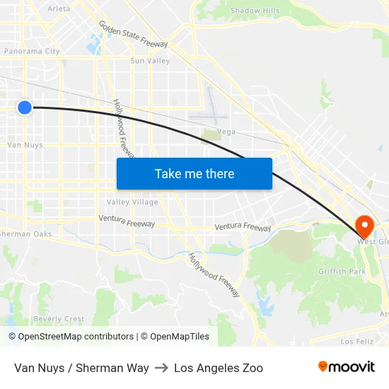 Van Nuys / Sherman Way to Los Angeles Zoo map