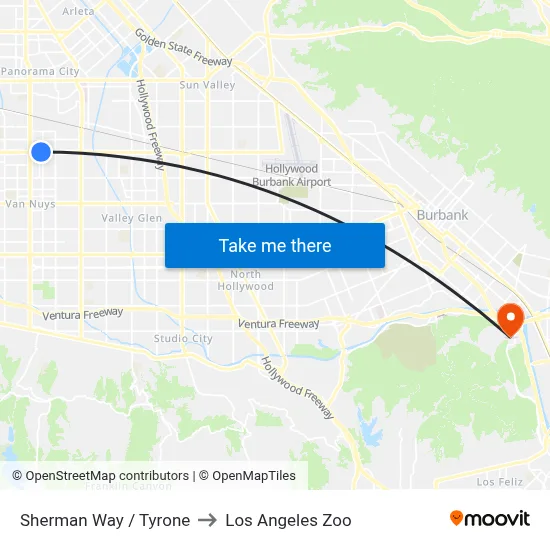 Sherman Way / Tyrone to Los Angeles Zoo map