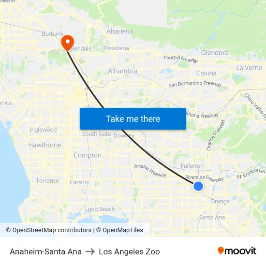 Anaheim-Santa Ana to Los Angeles Zoo map
