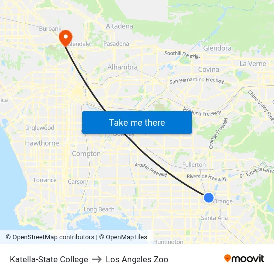 Katella-State College to Los Angeles Zoo map