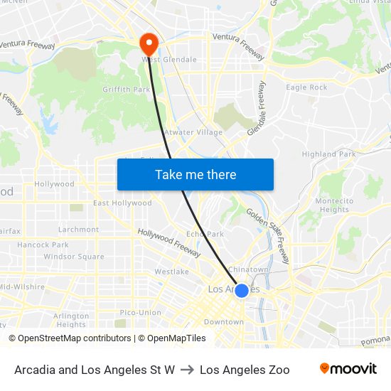 Arcadia and Los Angeles St W to Los Angeles Zoo map