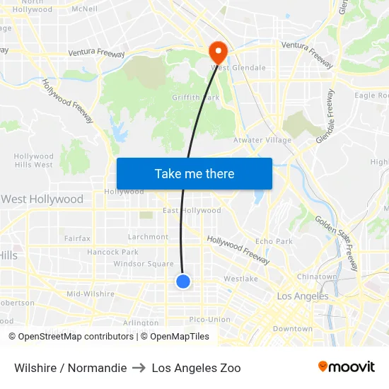 Wilshire / Normandie to Los Angeles Zoo map