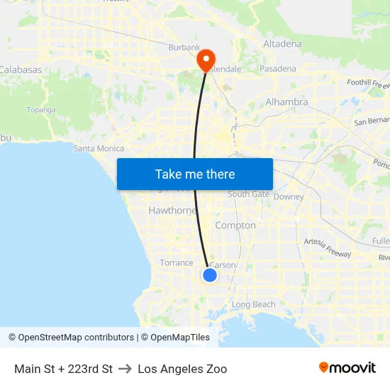 Main St + 223rd St to Los Angeles Zoo map