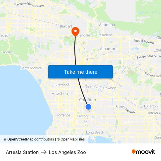 Artesia Station to Los Angeles Zoo map