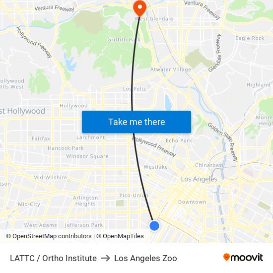 LATTC / Ortho Institute to Los Angeles Zoo map