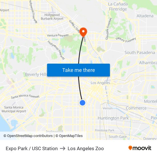 Expo Park / USC Station to Los Angeles Zoo map