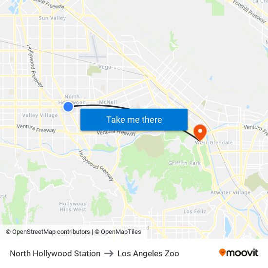 North Hollywood Station to Los Angeles Zoo map