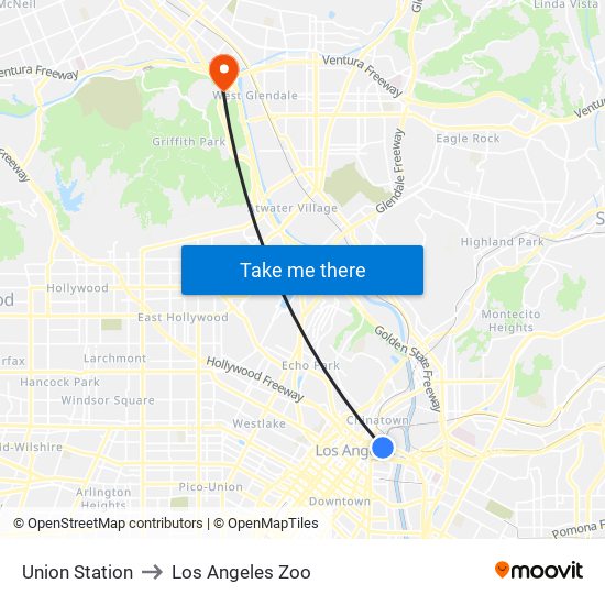 Union Station to Los Angeles Zoo map